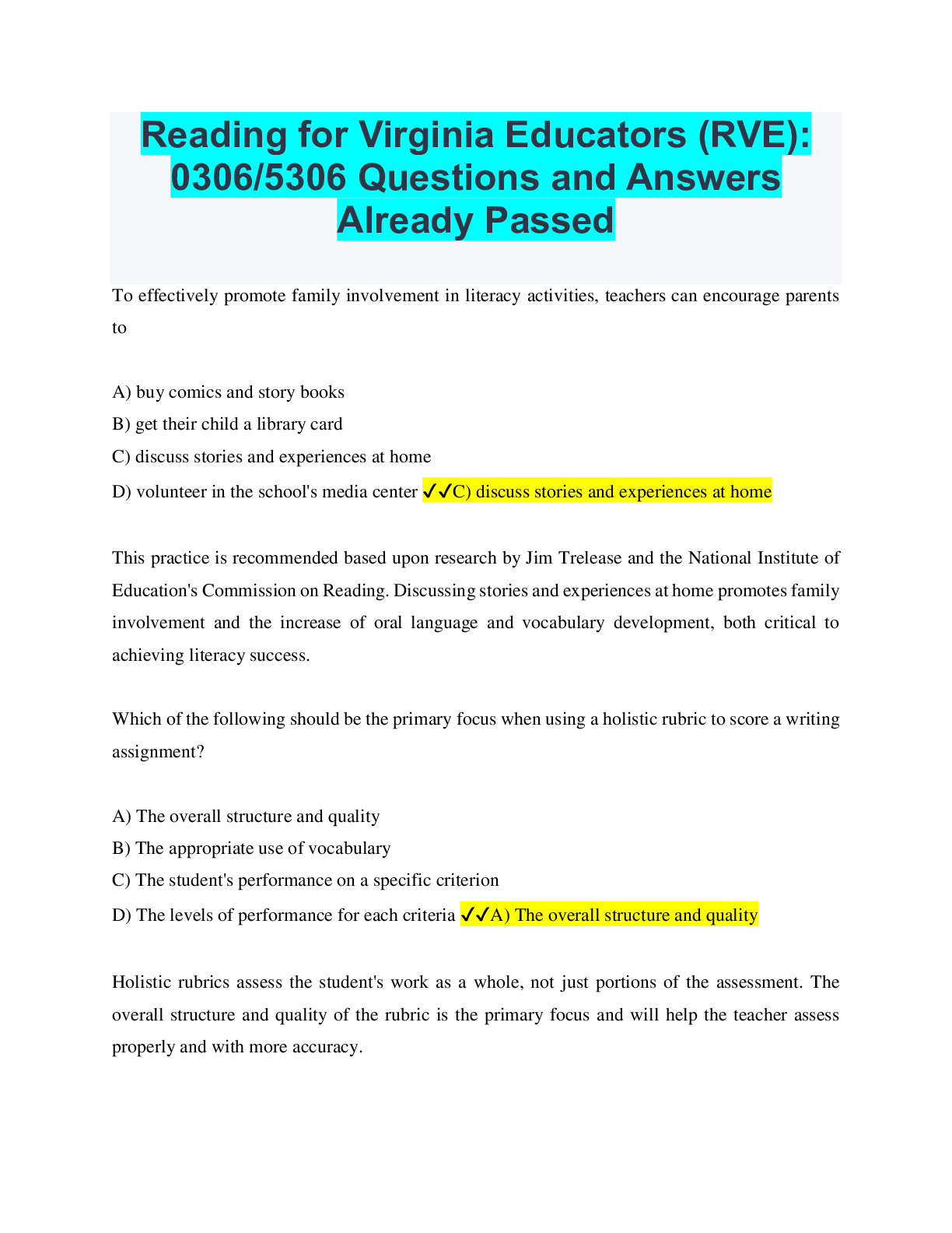 Preview image for Reading for Virginia Educators (RVE): 0306/5306 Questions and Answers Already Passed